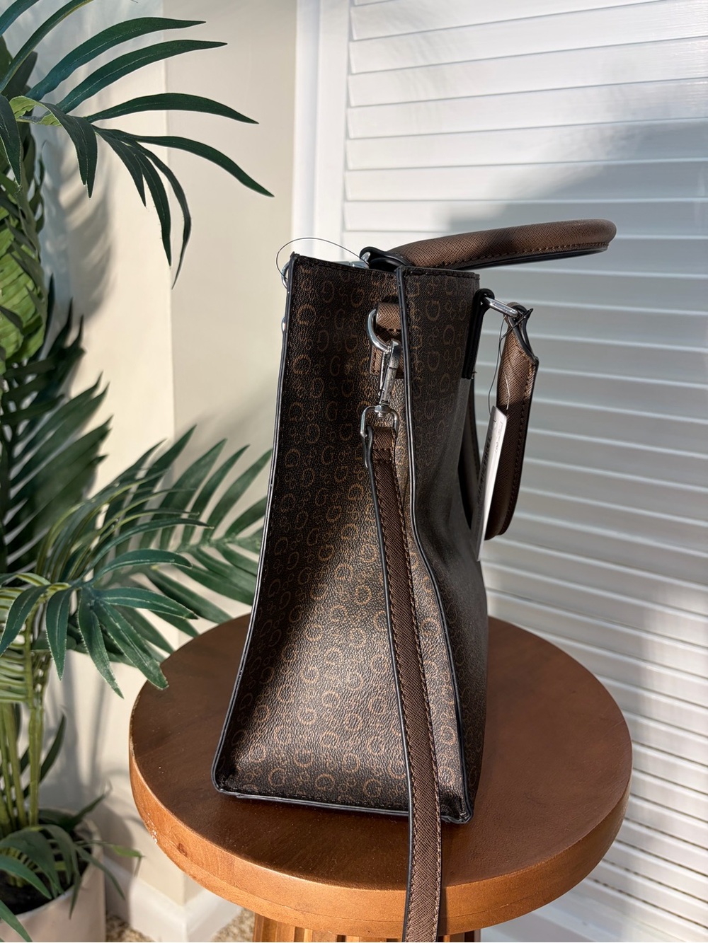 Guess Brown Monogram Satchel with Silver Accents - Picture 2 of 8